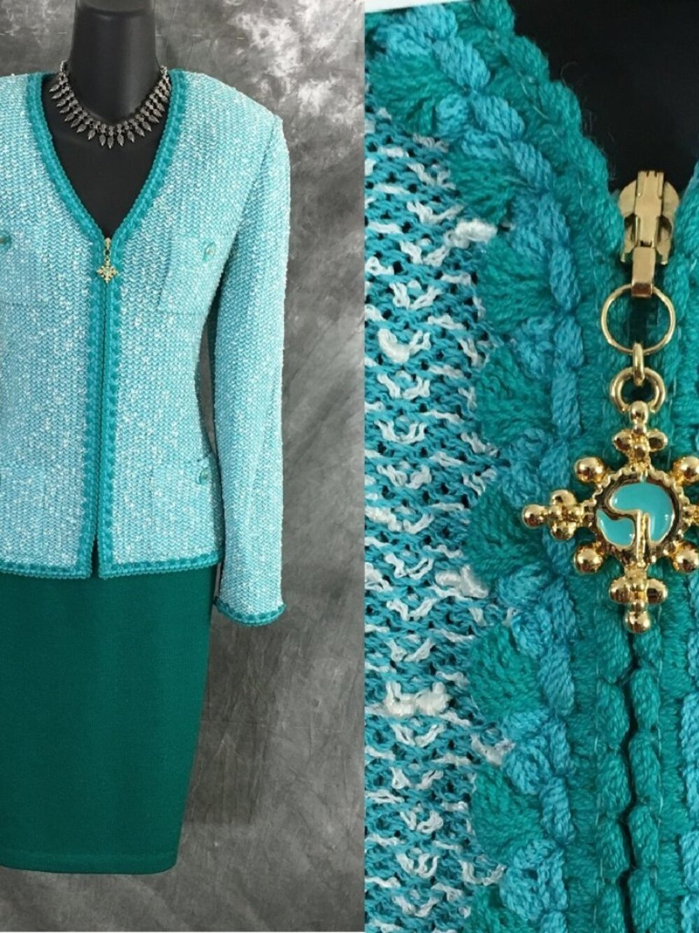 BEAUTIFUL st john collection knit Blue green multi jacket skirt suit size 6 8